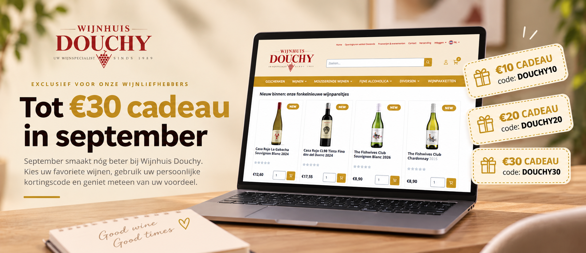 Septemberactie Wijnhuis Douchy - tot 30 euro cadeau